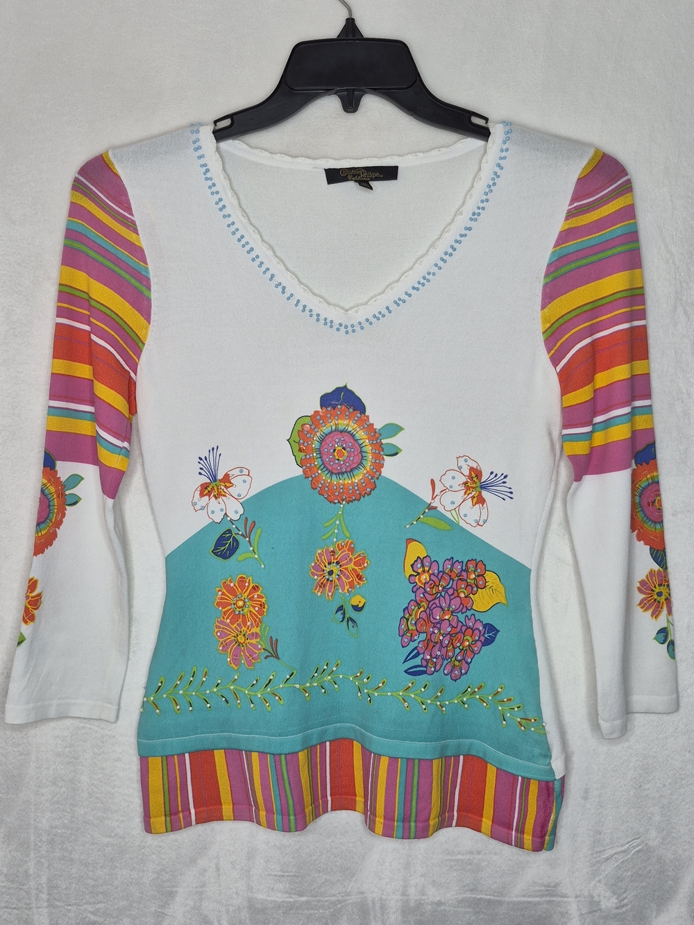 Christine Phillipe Y2K Boho Floral Sequin Striped Beaded Top Womens Size S